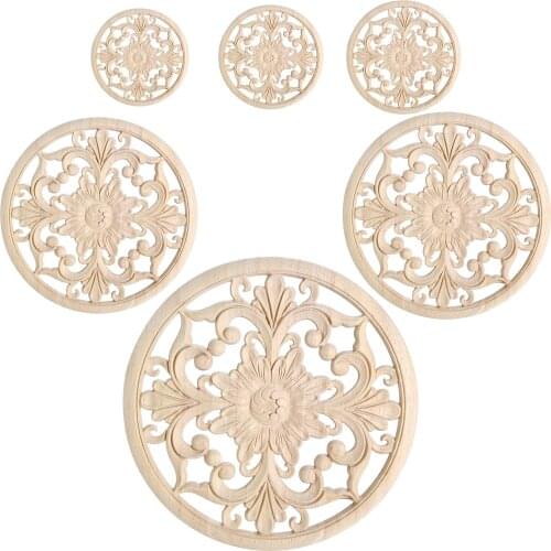 10/12/15/20/24/30cm Carved Unpainted Ornamental Wood Applique Wood Mouldings Onlay Wooden Decal Flower Cabinet Furniture Decor