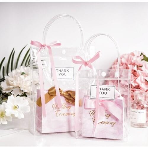 Pink Theme PVC Gift Bags With Ribbons And Tags Wedding Favors Party Supplies Tote Gift Bag Shopping Jelly Christmas Thanksgiving