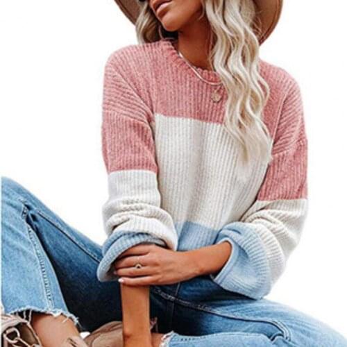 Hot Sale Women Loose Casual Sweater Color Contrast Soft Simple Ladies Round Neck Stitching Knitted Autumn Sweater Top Knitwear