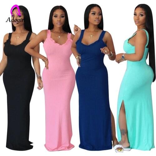 Knitted Ribbed Women Long Maxi Dress 2021 Summer Solid Sleeveless High Slit Dress Casual 2021 Spring Summer Bodycon Vestidos