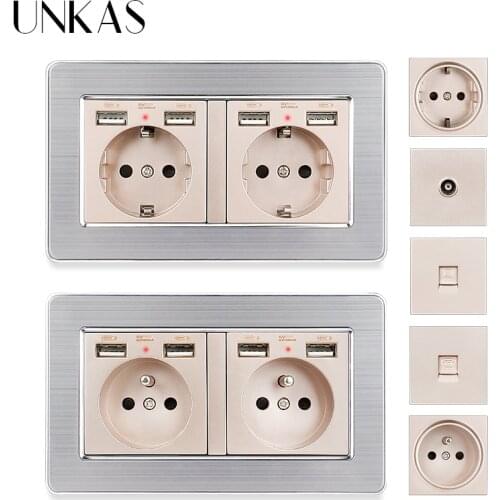 UNKAS EU French Socket Dual USB Port + TV RJ11 Telephone RJ45 Internet Computer Jack 146mm * 86mm Gold Stainless Steel Panel