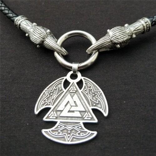 Viking Valknut Amulet Pendant Necklace With Raven Head PU Leather Chain Talisman Necklace Celt Gothic Ethnic Jewelry