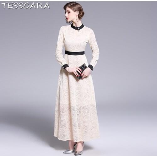 TESSCARA Women Elegant Office Lace Dress Shirt Festa Casual Long Maxi Robe Femme High Quality Vintage Designer Female Vestidos