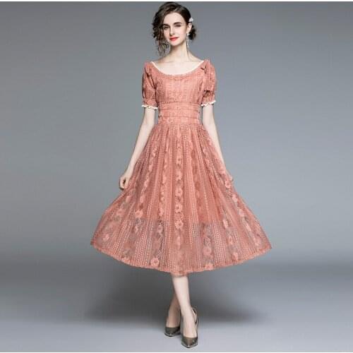 2021 New Spring Fashion Women Puff Sleeves Lace Dresses Korean Round NeckHook Floral Hollow Out Vintage Elegant Dress