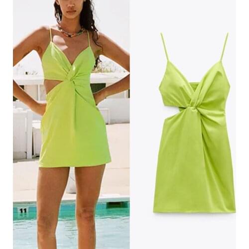 ZA 2021 Openwork Yellow Mini Dresses Women Chic V-neck Wrap Adjustable Thin Straps Dresses Fashion Opening Side Knot Woman Dress