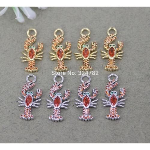 10pcs Fashion Gold Metal Copper Micro Pave Pink CZ Lobster Pendant Beads,CZ Shrimp Charms For Jewelry Making