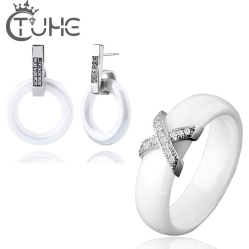 2017 New Fashion Jewelry Set X Cross Circle Healthy Ceramic Rings & Stud Earring Crystal Rhinestone For Women Christmas Gift