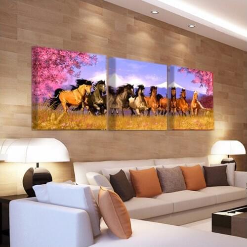 3Pcs Full Square round Diamond Embroidery Running Horses 5D Diy Diamond Painting Rhinestone Cuadros Wall StickerZP-2607
