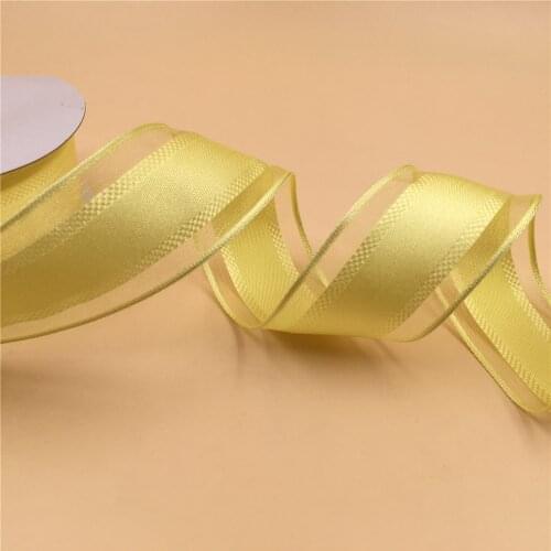 N2203 38MM X 25yards Wired Transparent Organza Edges Lemon Yellow Satin Ribbon for Gift Box Wrapping