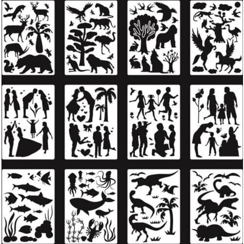 45BA 12 Pcs Flower Stencil for Painting on Wood Canvas 12 Pieces Animal Stencils Set Scrapbooking Holiday Template Dinosaurs