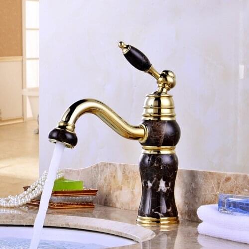 Free Shipping Copy marble golden basin sink faucet with single hole gold bathroom mixer tap and hot cold gold kitchen faucet