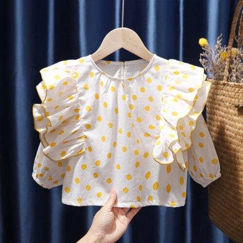 Keelan Baby Girls Blouse Korean Style Kids Baby Dot Printed Tops Cotton Autumn Children Ruffle Shoulder Princess Clothes