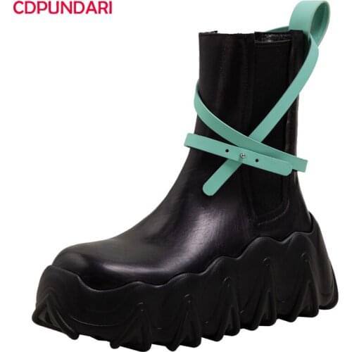 2022 Black Genuine Leather Flat Platform Ankle Boots Women Autumn Winter Chunky Punk Short Boots Shoes Bottes Plateforme Femme
