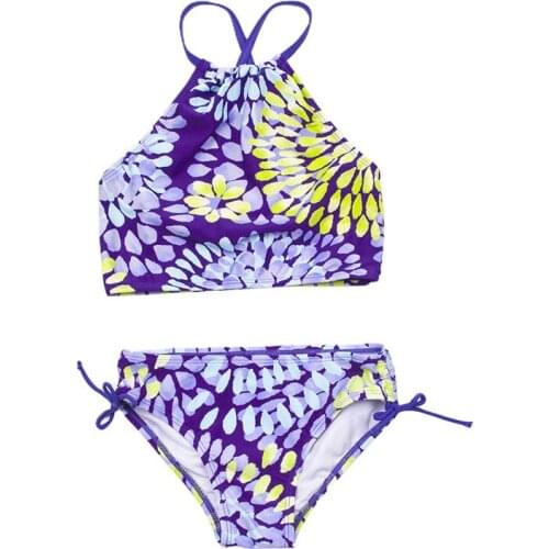 Kids Summer Swimwear Toddler Girls Swimsuits 2-Pieces Printed Quick Dry Hanging-Neck Backless Tops + Drawstring Briefs Suit