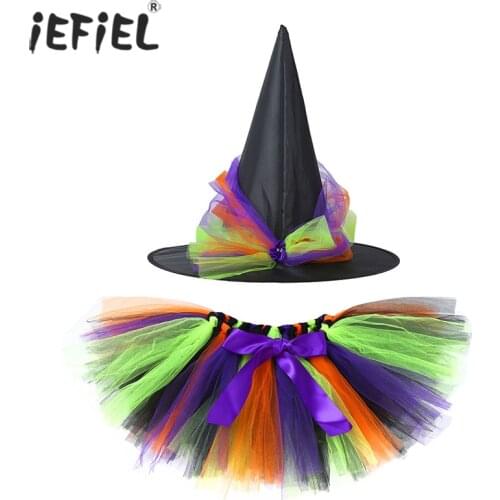 Kid Girl Witch Pointed Hat Colorful Mesh Tutu Skirt Set Halloween Christmas Party Costume Cosplay Cat Animal Ears Fancy Dress Up