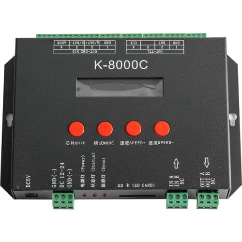 K-8000C off-line programmable DMX/SPI SD card pixel controller;8ports signal output;DC5-24V for RGB full color pixel light strip
