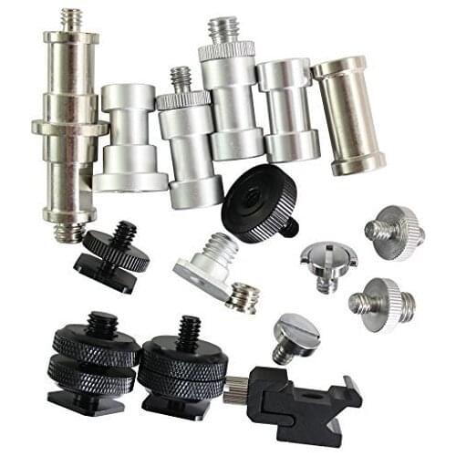 17 in 1 Kit 1/4" and (or) 3/8" Threaded,Male Female screw Adapter,D Shaft D-ring, Tripod Screw to Hot Shoe Mount and more