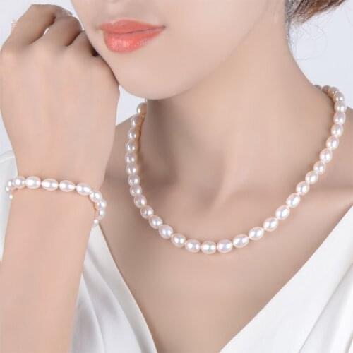 Natural Pearl Jewelry Set High Quality 8-9mm Freshwater Pearl 925 Sterling Silver Necklace Bracelet For Women Wedding Gift