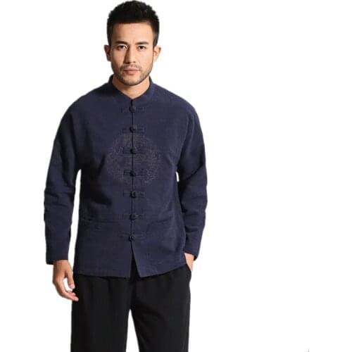 New Navy Blue Chinese Men Cotton Linen Jacket Mandarin Collar Kung Fu Coat Handmade Button Tang Suit Plus Size M L XL XXL XXXL