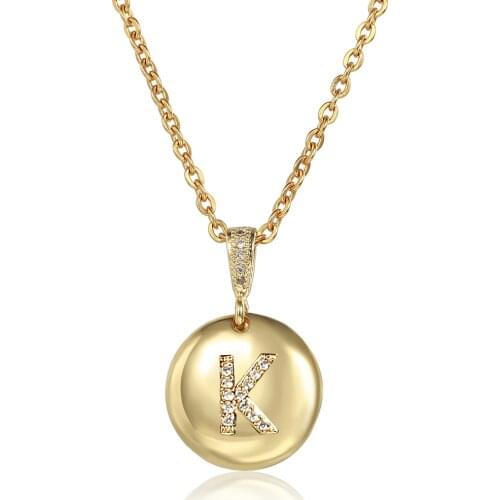 2020 New Initial A-Z Letter Round Charm Necklace for Women Girls Yellow Gold Copper CZ Personal Name Jewelry Rolo Chain GP423A