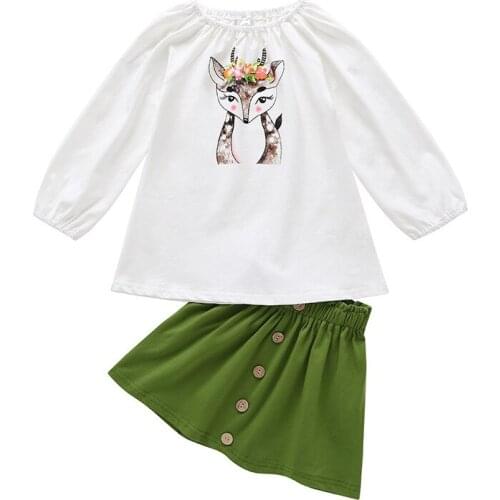 2019 New Baby Girls Clothes Sets Girls Long Sleeve Cartoon Deer Print Tops+Skirt 2Pcs Children Christmas Party Clothes 1-5 Years