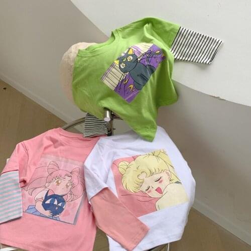 2020 Autumn New Childrens Cotton T Shirt Kids Girls Casual Striped Patchwork T Shirts Korean Style Toddler Fake Two Pieces Tees