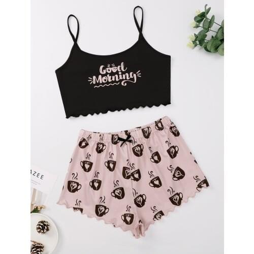 New Style Summer Lady Casual Cartoon Good Morning Print Camisole With Shorts Pajama Set Sexy Lovely Nightie Home Wear Sleepwear