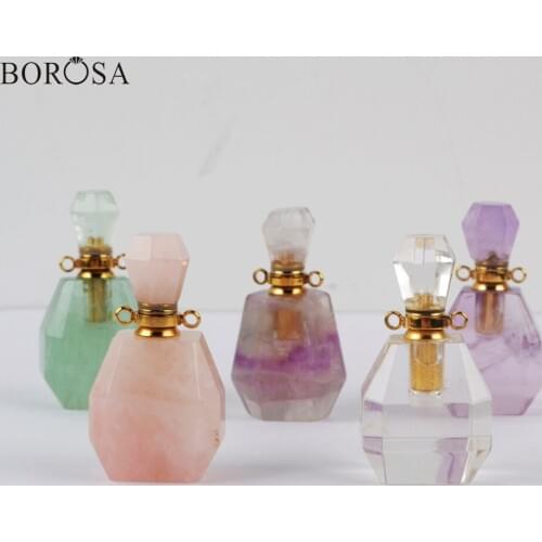 BOROSA 3Pcs Amethysts White Quartz Perfume Bottle Connector in Gold, Multi-Kind Natural Stones Perfume Bottle Jewelry WX1196