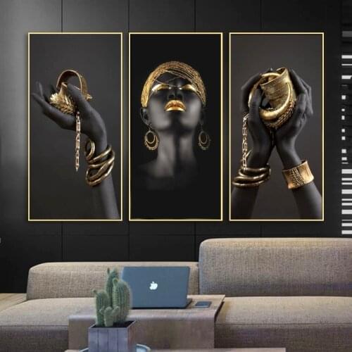 Modern African Art Black Hands Holding Golden Jewelry Canvas Paintings on The Wall Women Portrait Posters for Home Room Cuadros
