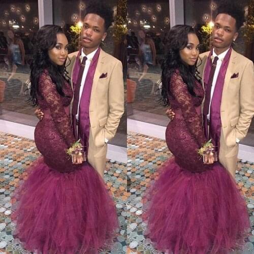 2019 Burgundy Mermaid Black Girls Prom Dress Sexy South African Long Sleeves Illuiosn Graduation Evening Party Gown Plus Size