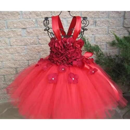 Baby Girls Red Petals Tutu Dress Kids Crochet Flower Dresses Ball Gown with Ribbon Bow Children Christmas Party Costume Dress