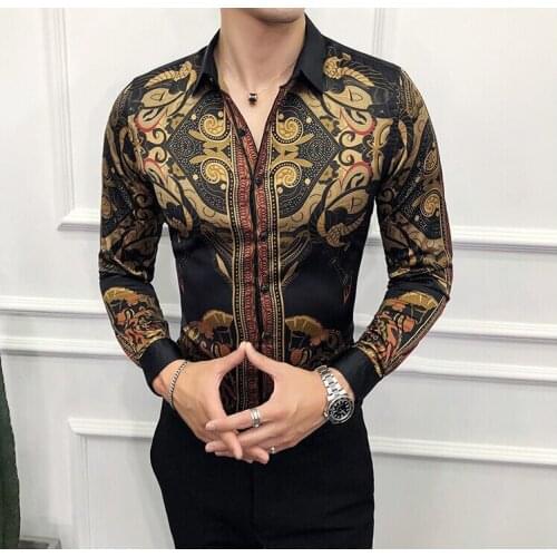 Print 2020 Slim Fit Long Sleeve Mens Casual Turn Down Collar Autumn Large Size Long Sleeve Casual Black Male