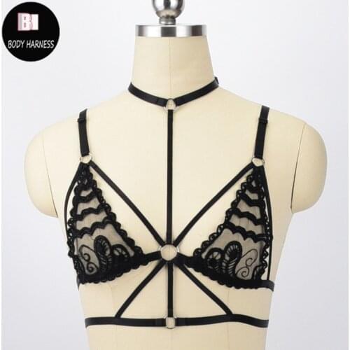 Sexy Women Lingerie Black Push Harness Bra Lace Embroidery Strappy Gothic Body Harness Cage Bra Sheer perspective Bralette