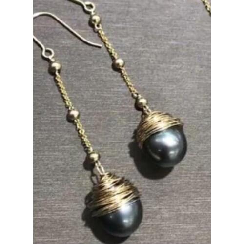 Free shipping>>>>noble jewelry Handmade 14-16mm black SouthSea baroque pearl earring 9k