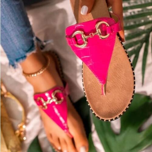 Summer Shinny Leather Horsebit Buckle Slides Flat Bottom Wild Women Flip Flops Outdoor Leisure Mules Beach Sandals Thong Sandals
