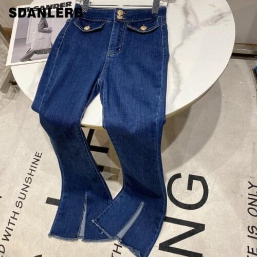 Blue All-matching Denim Flare Pants Fall 2021 New Fashionable Metal Buckle Stretch Slim Fit Socialite Horn Jeans for Women