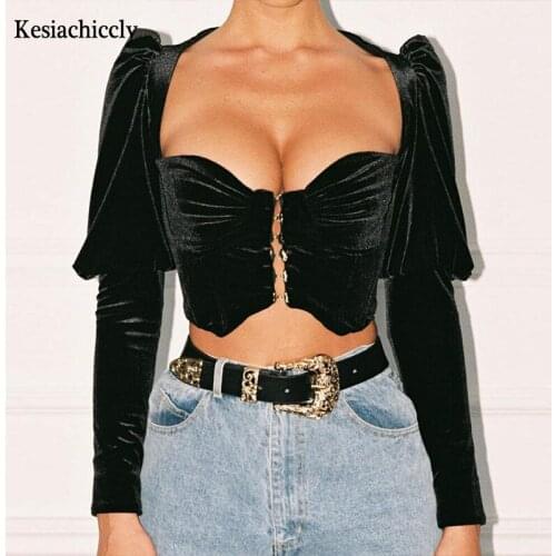 Kesiachiccly 2020 Spring Autumn New Crop Top Woman Velvet Tops Square Collar Puff Sleeve Button Solid Sexy Short Tank Top