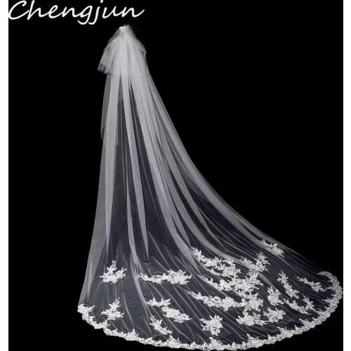 Chengjun Vintage Two Layer Appliques Lace Edge Cathedral Train Wedding Accessories Bridal Vei