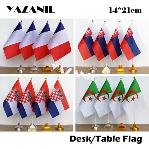 YAZANIE 14*21cm 4PCS France Slovakia National Table Flag with Silver Golden Plastic Base French Croatia Algeria Desk Flag Set