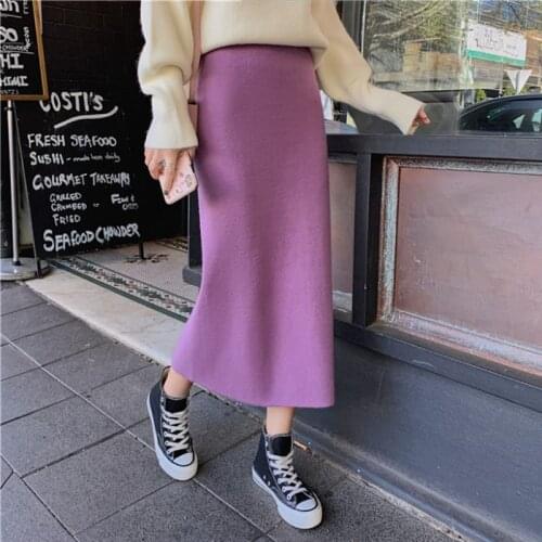 TingYiLi Womens Knit Straight Skirt With Slit High Waist Long Pencil Skirt Korean Style Beige Black Green Purple Tube Skirt