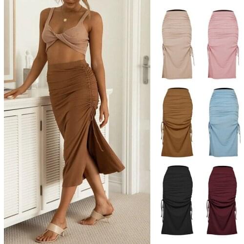 Hem Splits Midi Skirts Women 2021 Summer High Waist Knitting Thead Side Draw String Pleated Elegant Skirts Ladies Sexy Skirts
