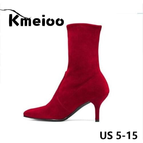 Kmeioo Brand US Size 5-15 Ankle Boots For Women Winter Faux Suede 6.5CM Stiletto High Heel Shoes Black Red Pointed Toe