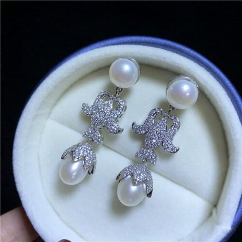 Woman court natural white rice freshwater pearl micro inlay zircon accessories drop earrings luxury