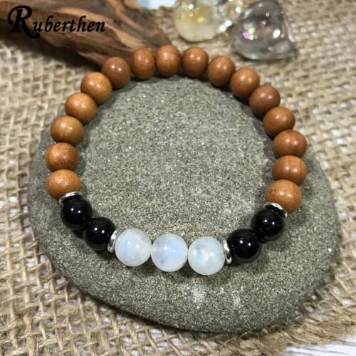 Ruberthen AA Grade Moonstone Women`s Yoga Bracelet Black Tourmaline Sandalwood Energy Bracelet Heart Chakra Healing Jewelry