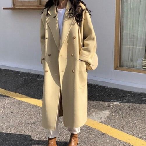 Spring Autumn Woolen Coat Women Flannel Korean Mid-Length Hepburn Style Double-Breasted 2020 Womens Loose Wool Coat Female E350