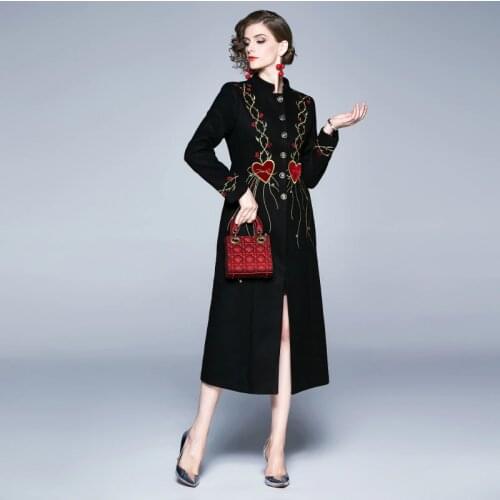 2020 Winter Vintage Peach Heart Embroidery Woolen Coat Women Single-breasted Thick Warm Wool Overcoat Female Pocket Long Outwear