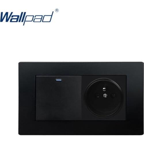1 Gang 2 Way With EU French Socket Wallpad Luxury Wall Light Switch Rocker Switch 16A AC110~250V Black PC Panel