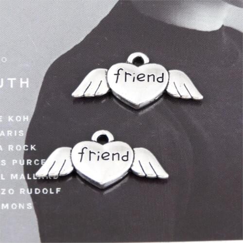 15Pcs Silver Color Heart Shaped Wings Charms Love Words Friend Pendant Valentines Day Gift Necklaces Jewelry 26x13mm A3312