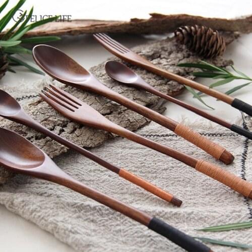2PC Cutlery Set Dinnerware Set Wood Fork Spoon Dessert Set Retro vintage stylel Dinner Knife Fork Dessert Scoops Kitchen tools
