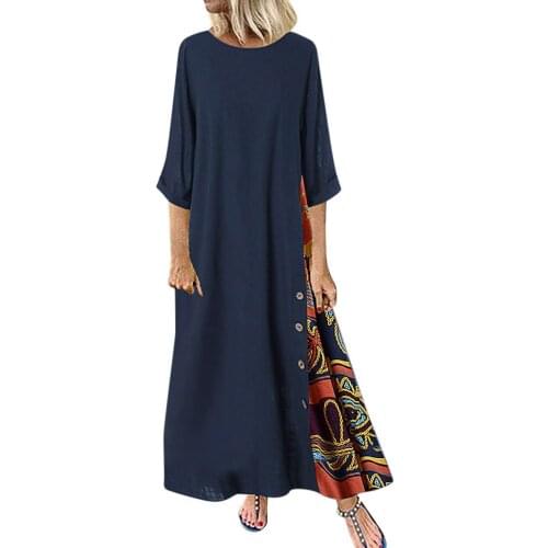 40# Women Casual Patchwork Long Sleeves Dress Sexy O-neck Button High Low Hem Plus Size Dresses Female Elegant Loose Long Dress